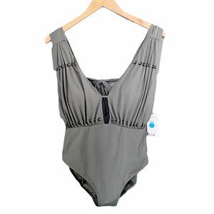 One Piece Bathing Suit Sexy Plunging Neck Tie-Back Swimsuit Olive Green Large